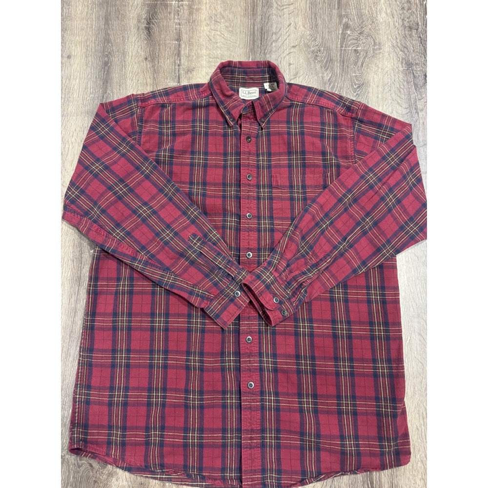 LL Bean Flannel Shirt Mens Large Tall Red Navy Plaid Cotton Button Down OMT38